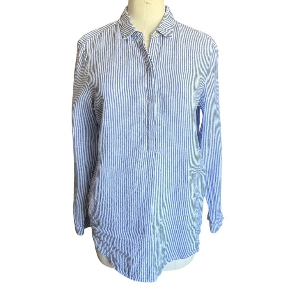 AYR Striped Linen Popover Shirt Blue /White Half Button Relaxed (sz S) 452